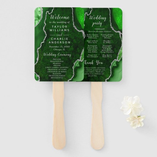 Green and Silver Agate Wedding Program Handwaaier (Voorkant en achterkant)