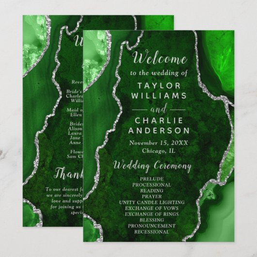 Green and Silver Agate Wedding Program Programmakaart (Voorkant / Achterkant)