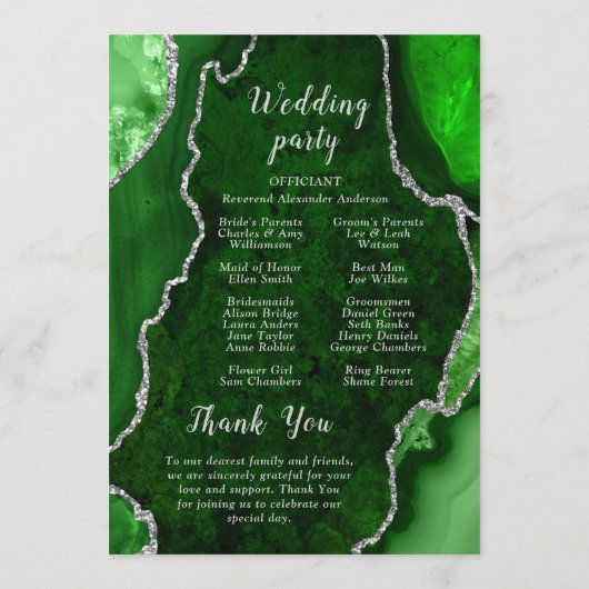 Green and Silver Agate Wedding Program Programmakaart (Achterkant)