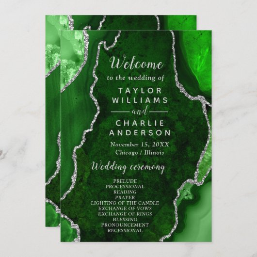 Green and Silver Agate Wedding Program Programmakaart (Voorkant / Achterkant)