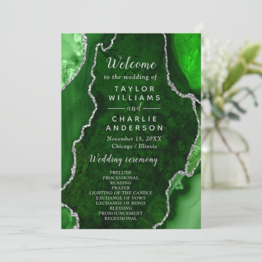 Green and Silver Agate Wedding Program Programmakaart (Staand voorkant)