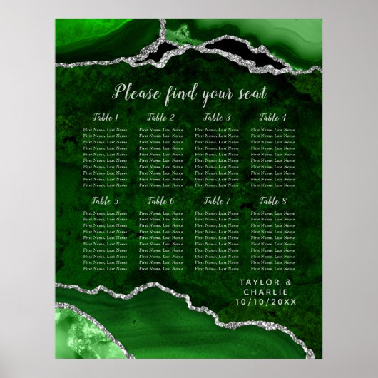 Green and Silver Agate Wedding Seating Chart Poster (Voorkant)