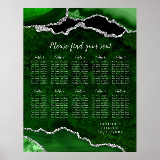 Green and Silver Agate Wedding Seating Chart Poster (Voorkant)