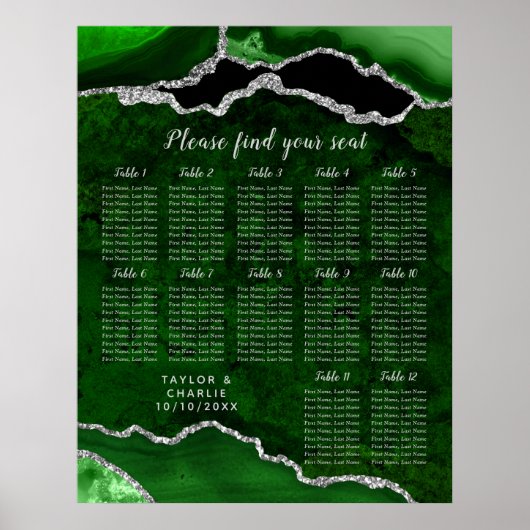 Green and Silver Agate Wedding Seating Chart Poster (Voorkant)