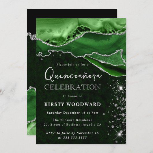 Green and Silver Glitter Agate Quinceanera Kaart (Voorkant / Achterkant)