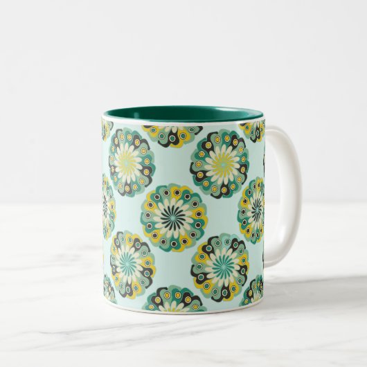Green and Teal Modern Geometric Flower Pattern Tweekleurige Koffiemok (Voorkant rechts)