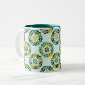 Green and Teal Modern Geometric Flower Pattern Tweekleurige Koffiemok (Voorkant links)