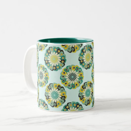 Green and Teal Modern Geometric Flower Pattern Tweekleurige Koffiemok (Voorkant links)