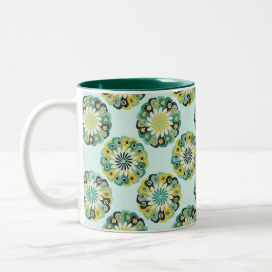 Green and Teal Modern Geometric Flower Pattern Tweekleurige Koffiemok (Links)