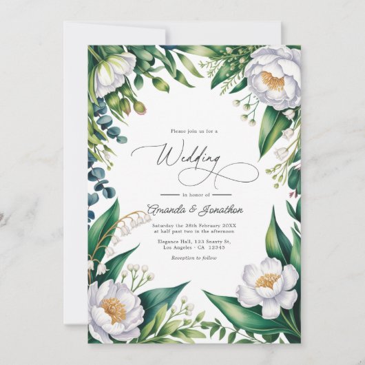 Green and White Botanical Floral Wedding QR Code Kaart (Voorkant)