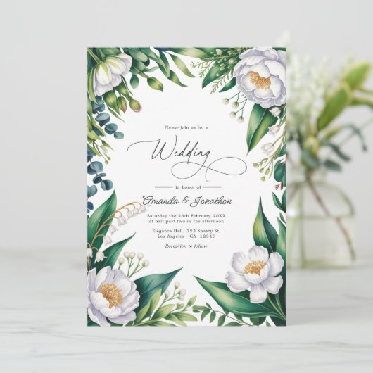 Green and White Botanical Floral Wedding QR Code Kaart (Staand voorkant)