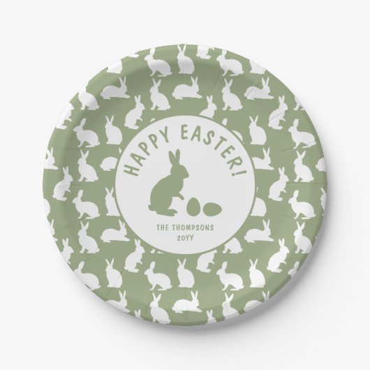 Green And White Bunny Pattern Happy Easter Papieren Bordje (Voorkant)