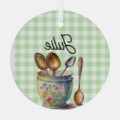 "Green and White Checkered - Spoons in Cup Glas Ornament (Achterkant)