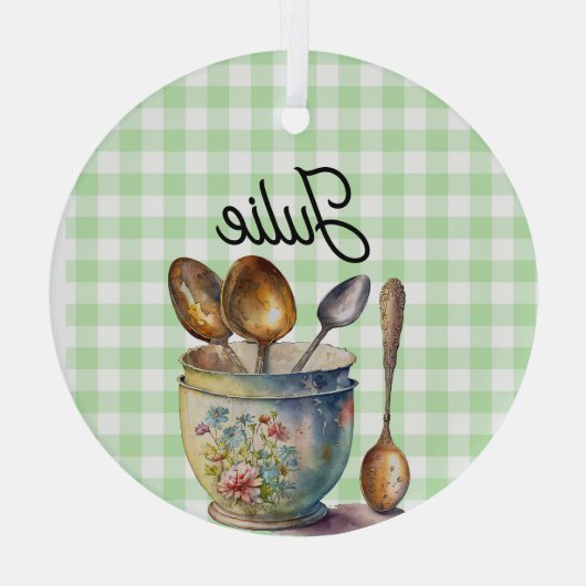 "Green and White Checkered - Spoons in Cup Glas Ornament (Achterkant)