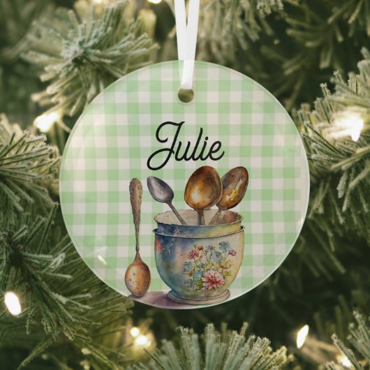 "Green and White Checkered - Spoons in Cup Glas Ornament (Insitu)