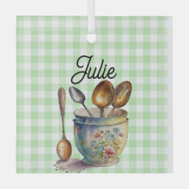 "Green and White Checkered - Spoons in Cup Glas Ornament