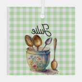"Green and White Checkered - Spoons in Cup Glas Ornament (Achterkant)