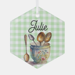 "Green and White Checkered - Spoons in Cup Glas Ornament