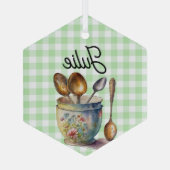 "Green and White Checkered - Spoons in Cup Glas Ornament (Achterkant)