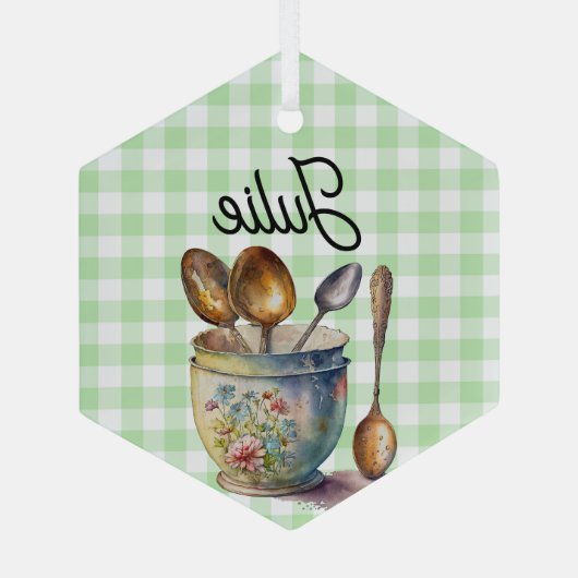 "Green and White Checkered - Spoons in Cup Glas Ornament (Achterkant)