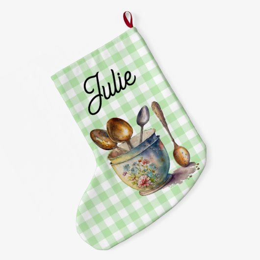 "Green and White Checkered - Spoons in Cup Grote Kerstsok (Achterkant (Hangend))