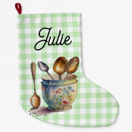 "Green and White Checkered - Spoons in Cup Grote Kerstsok