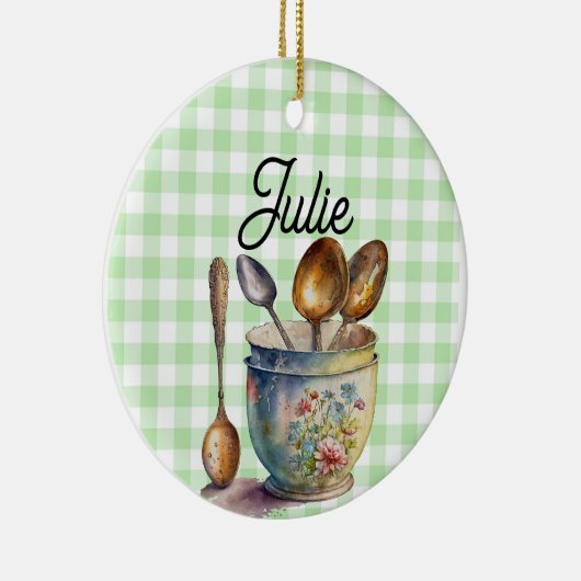 "Green and White Checkered - Spoons in Cup Keramisch Ornament (Rechts)