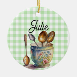 "Green and White Checkered - Spoons in Cup Keramisch Ornament