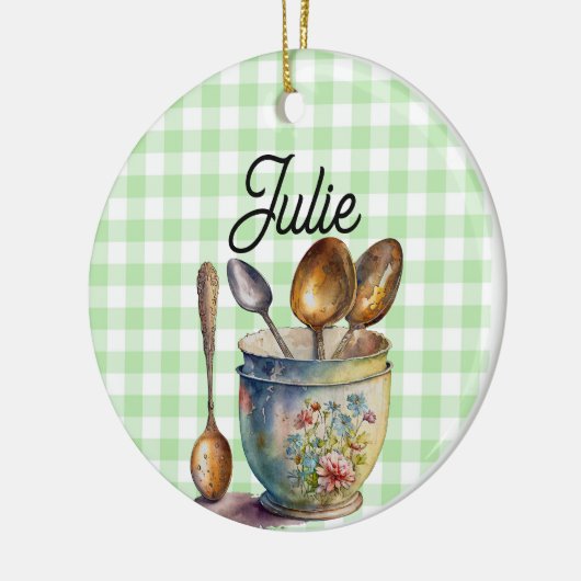 "Green and White Checkered - Spoons in Cup Keramisch Ornament (Links)