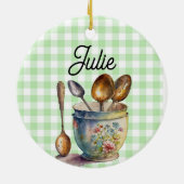 "Green and White Checkered - Spoons in Cup Keramisch Ornament (Achterkant)