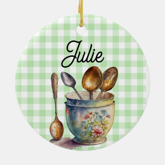 "Green and White Checkered - Spoons in Cup Keramisch Ornament (Achterkant)