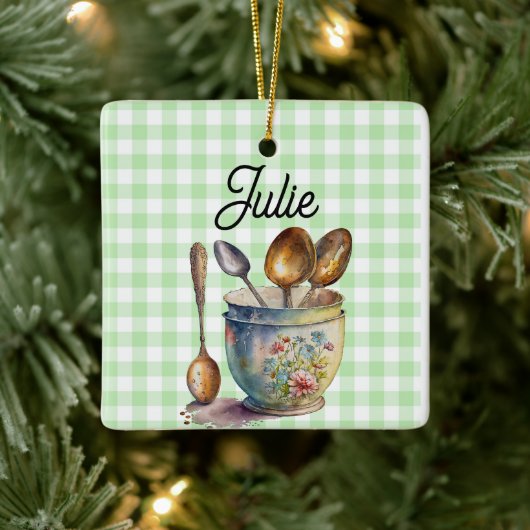 "Green and White Checkered - Spoons in Cup Keramisch Ornament (Boom)