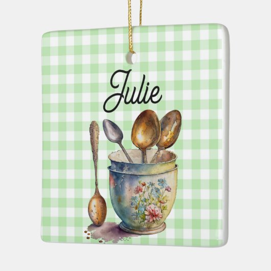 "Green and White Checkered - Spoons in Cup Keramisch Ornament (Links)