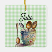 "Green and White Checkered - Spoons in Cup Keramisch Ornament (Voorkant)