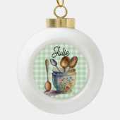 "Green and White Checkered - Spoons in Cup Keramische Bal Ornament (Voorkant)