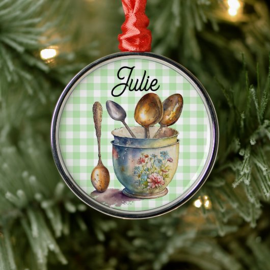 "Green and White Checkered - Spoons in Cup Metalen Ornament (Boom)