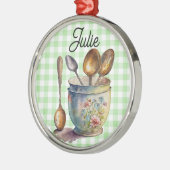 "Green and White Checkered - Spoons in Cup Metalen Ornament (Links)