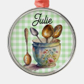 "Green and White Checkered - Spoons in Cup Metalen Ornament (Voorkant)