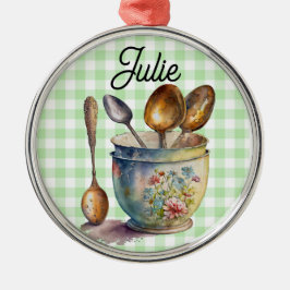 "Green and White Checkered - Spoons in Cup Metalen Ornament