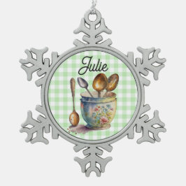 "Green and White Checkered - Spoons in Cup Tin Sneeuwvlok Ornament