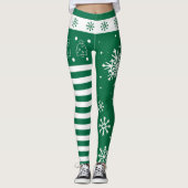 Green and White Christmas Leggings with Snowflakes (Voorkant)