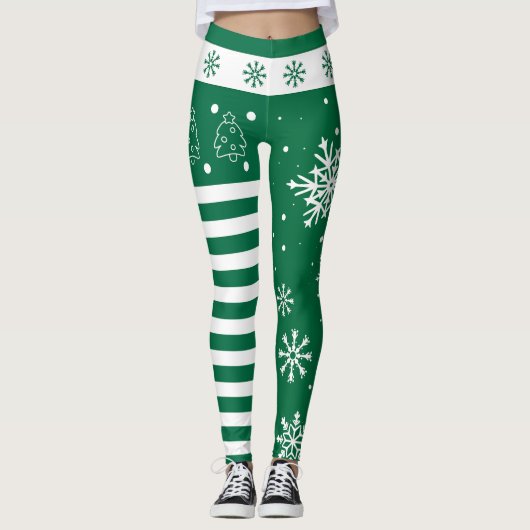 Green and White Christmas Leggings with Snowflakes (Voorkant)