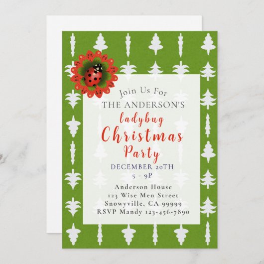 Green and White Christmas Tree Ladybug Party Kaart (Voorkant / Achterkant)