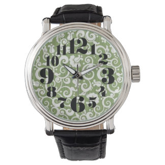 Green and White Floral Flourish Horloge