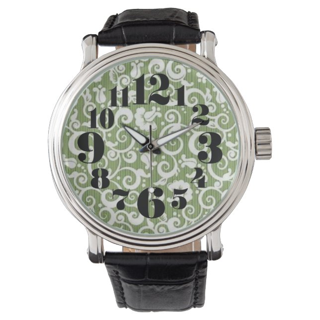 Green and White Floral Flourish Horloge (Voorkant)