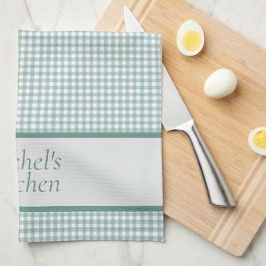 Green and White Gingham Check Personalized Theedoek (Quarter Fold)