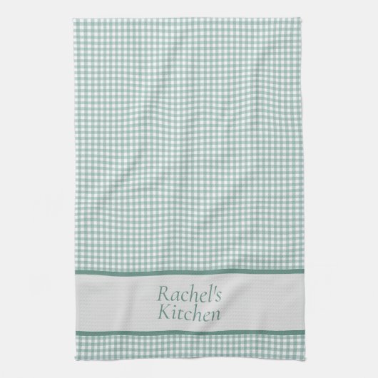 Green and White Gingham Check Personalized Theedoek (Verticaal)