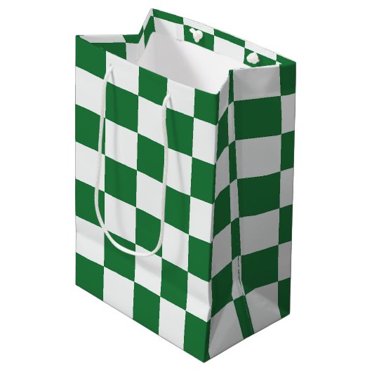 Green and White Holiday Check Medium Cadeauzakje (Voorkant Gekanteld)