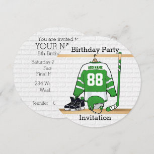 Green and White Ice Hockey Jersey Birthday Party Kaart