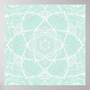 Green and White Mandala - Loergann in Zee Glass Poster